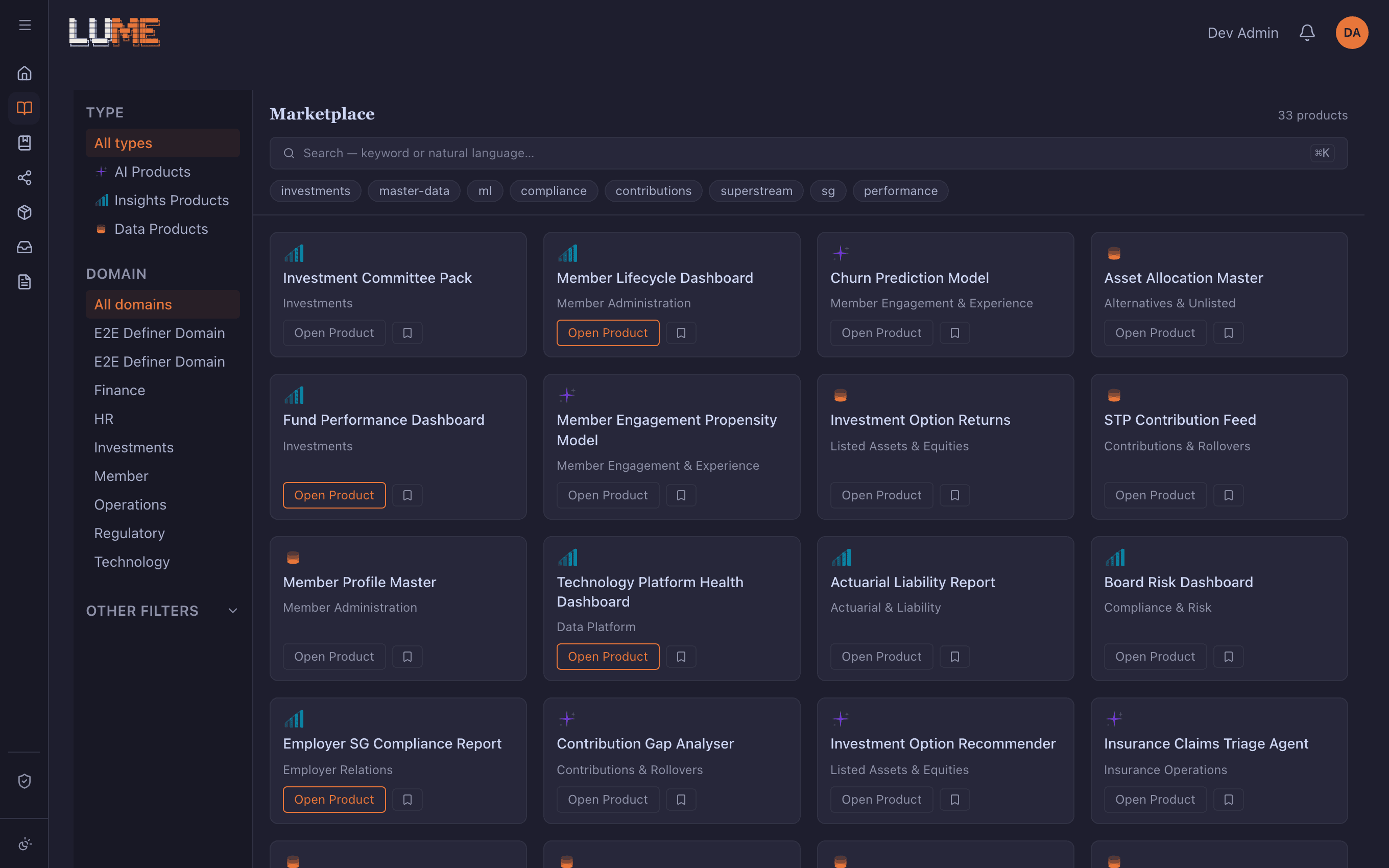 The Lume marketplace — browsing data, AI and insights products by type and domain