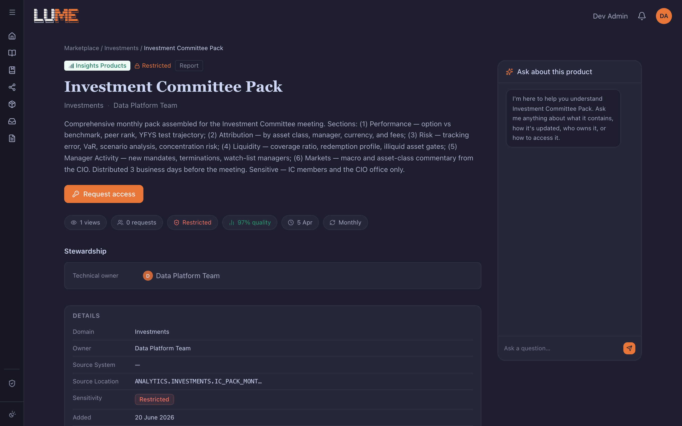A product detail page — description, quality score, ownership, sensitivity, and Ask Lume